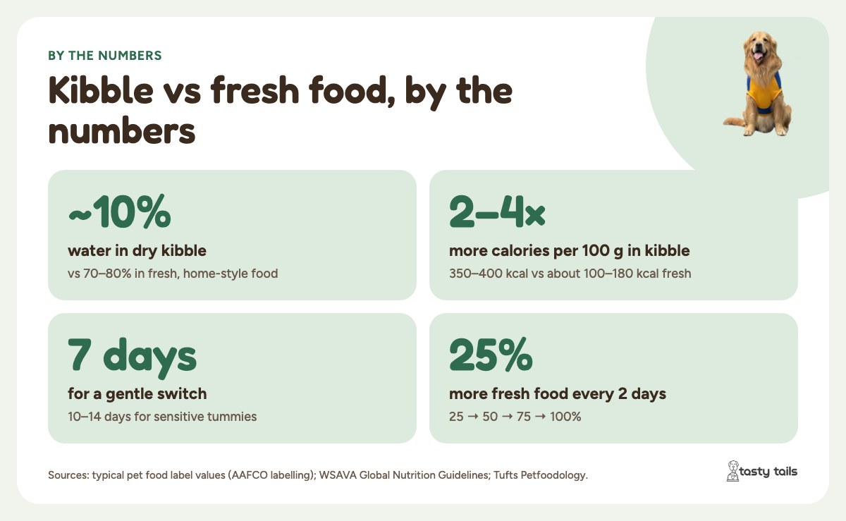 By the numbers: dry kibble is about 10% water, fresh food 70–80%; kibble has 2–4 times the calories per 100 g; switch over 7 days, adding 25% more fresh food every 2 days.