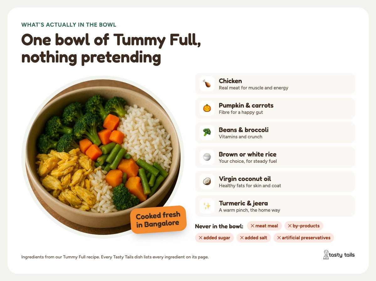 What’s in a bowl of Tummy Full: chicken, pumpkin and carrots, beans and broccoli, brown or white rice, virgin coconut oil, turmeric and jeera. Never in the bowl: meat meal, by-products, added sugar, added salt or artificial preservatives.