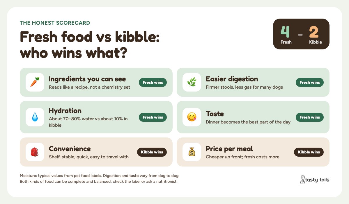 The honest scorecard, fresh 4, kibble 2. Fresh wins on ingredients you can see, easier digestion, hydration (about 70–80% water vs about 10%) and taste. Kibble wins on convenience and price per meal.