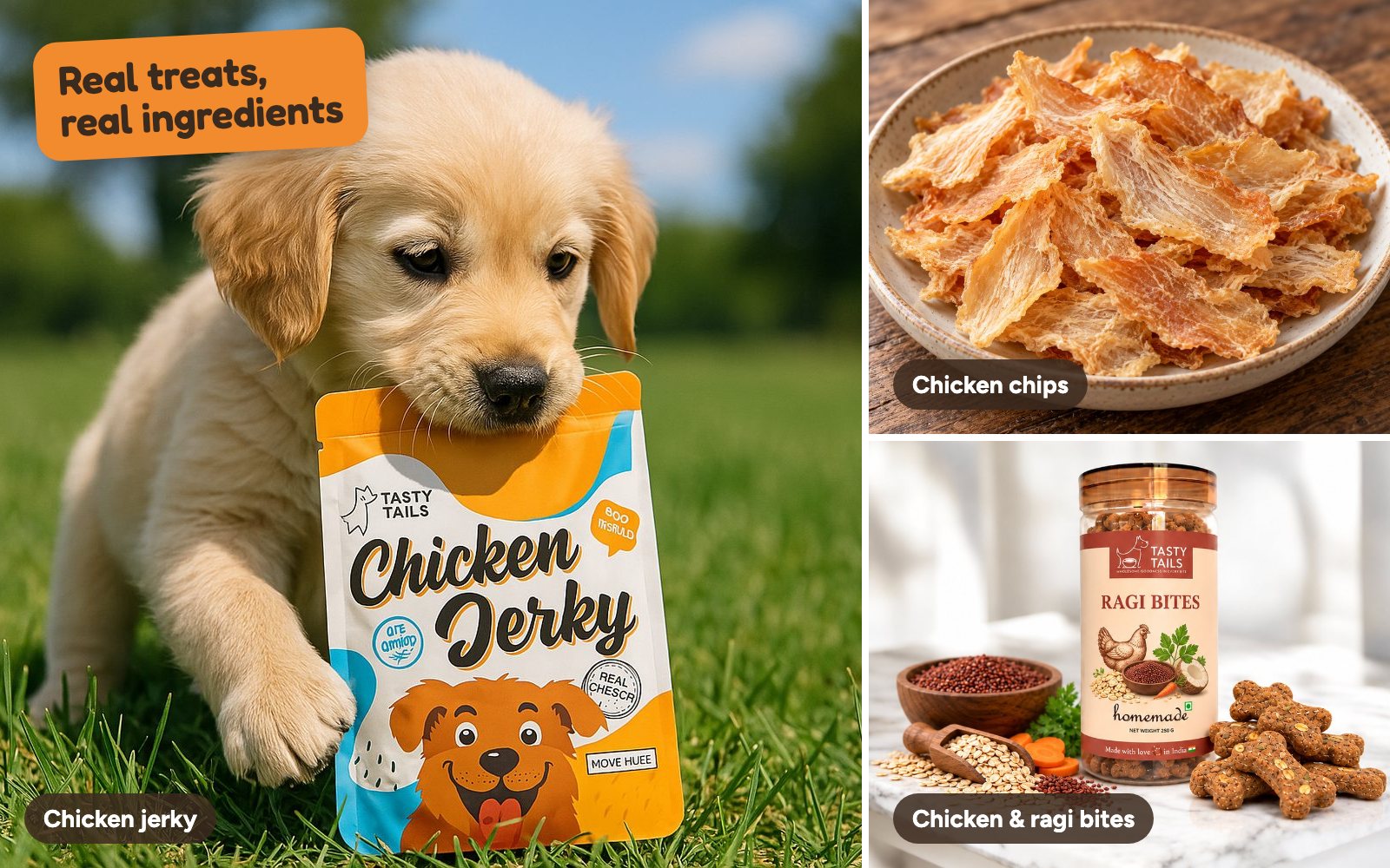 A golden retriever puppy carrying a bag of Tasty Tails chicken jerky, next to a bowl of chicken chips and a jar of chicken and ragi bites