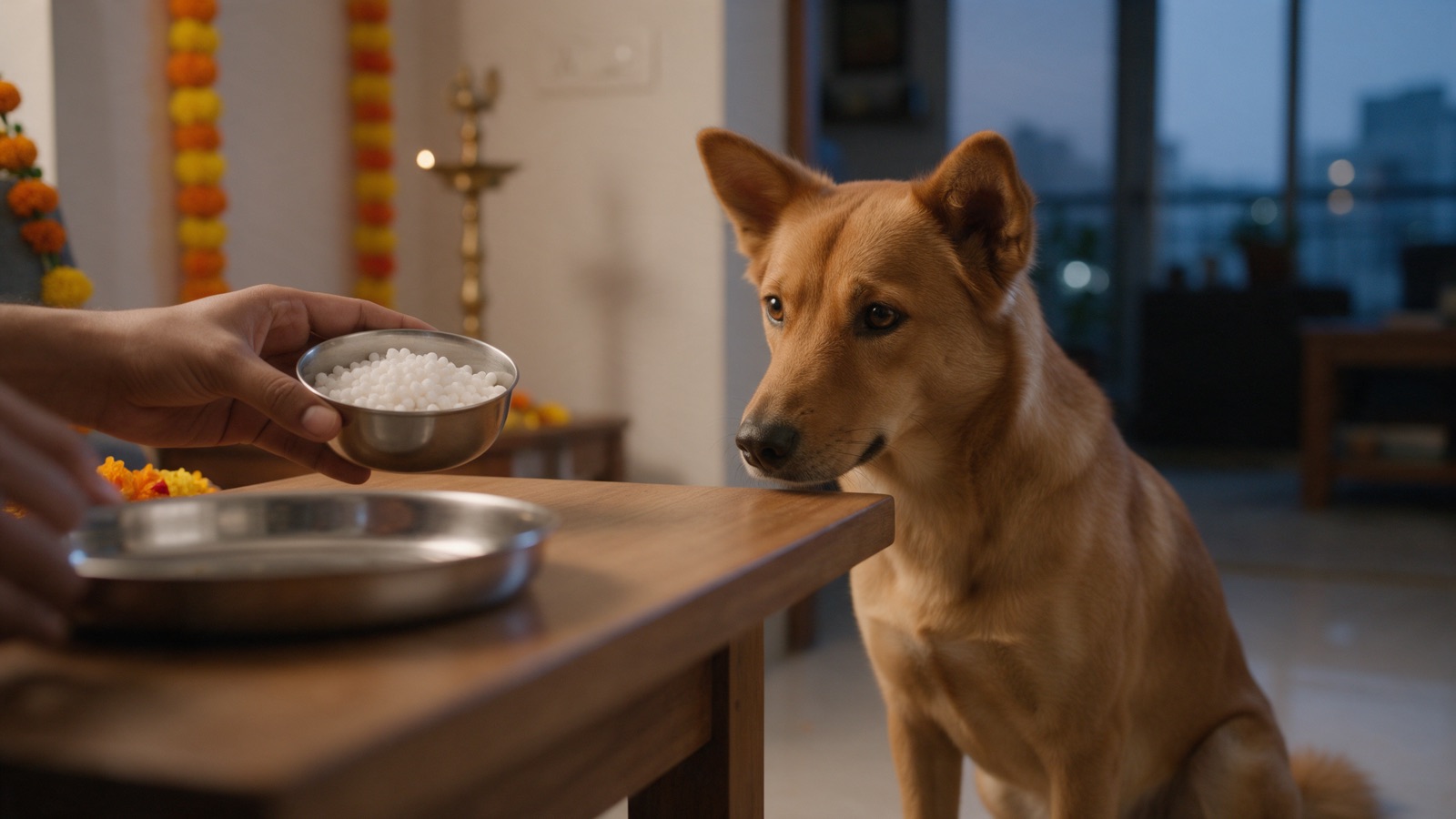 An Indian indie dog sits politely beside a dining table set for Navratri, with a thali, marigolds and a diya in the background.