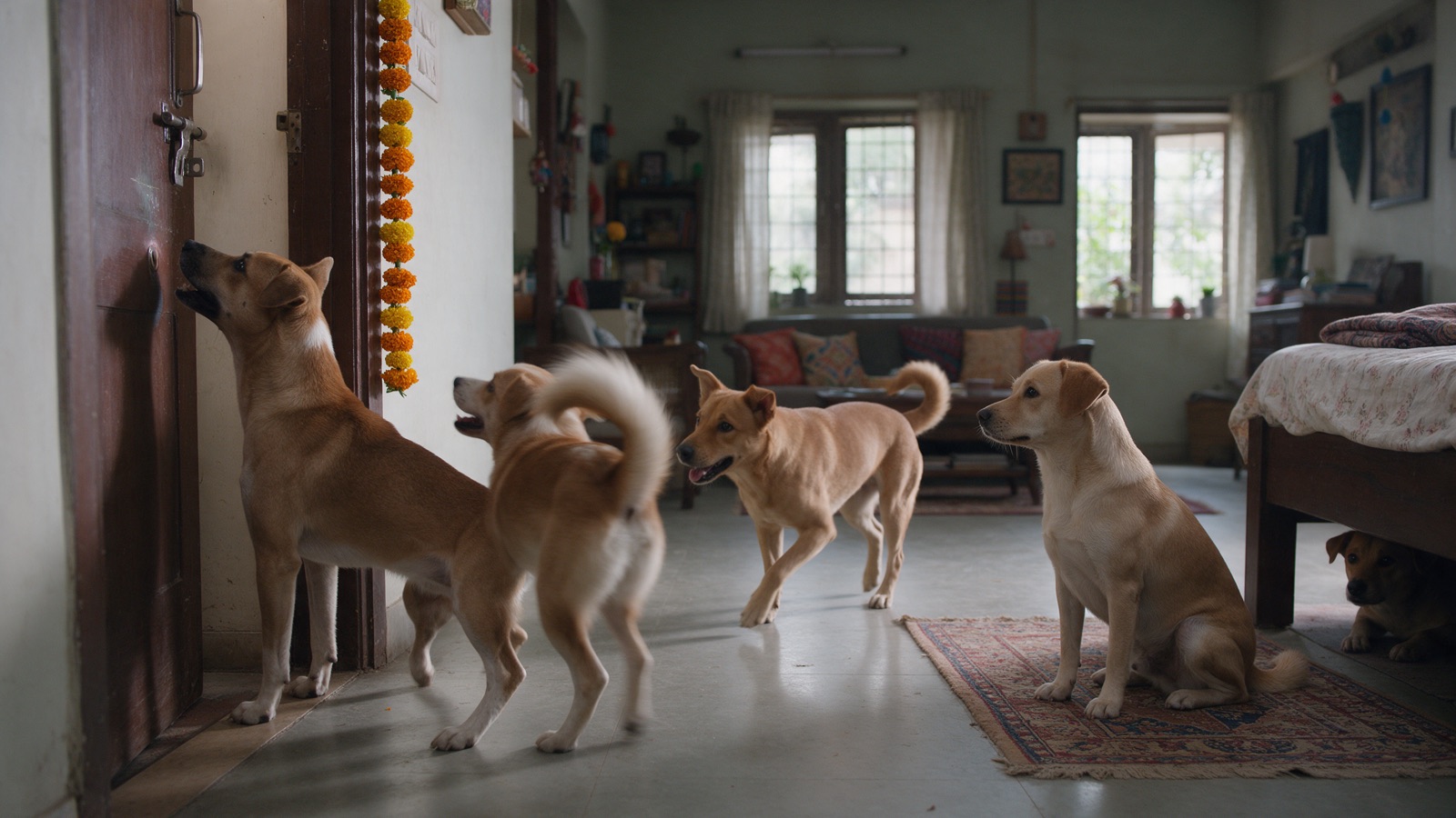 Five dogs in a Bangalore living room react differently to a doorbell: one at the door, one excited, one relaxed, one watching, one hiding.
