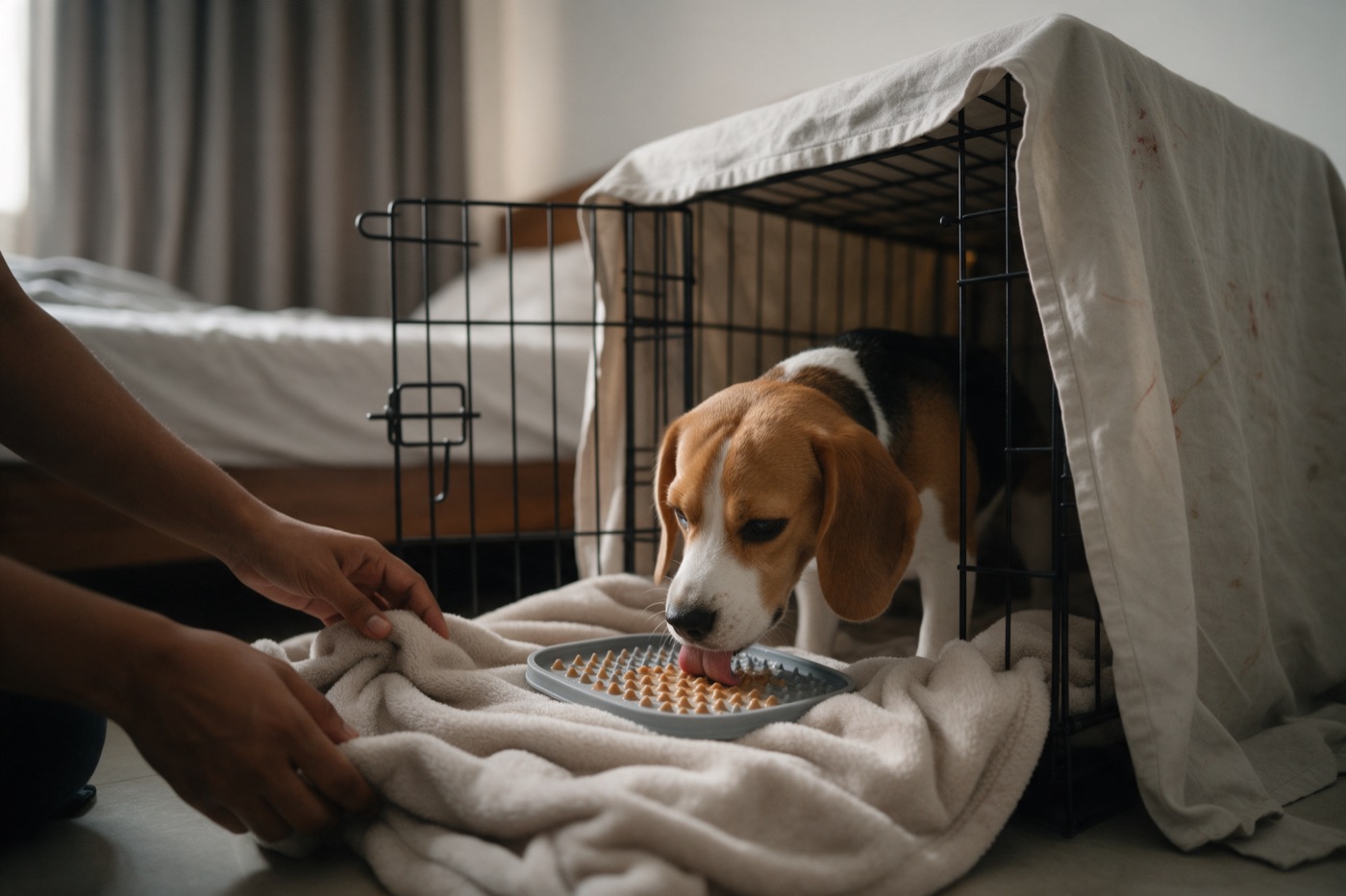 Practise the den a day earlier, at a quiet time, with treats, so the room means good things.