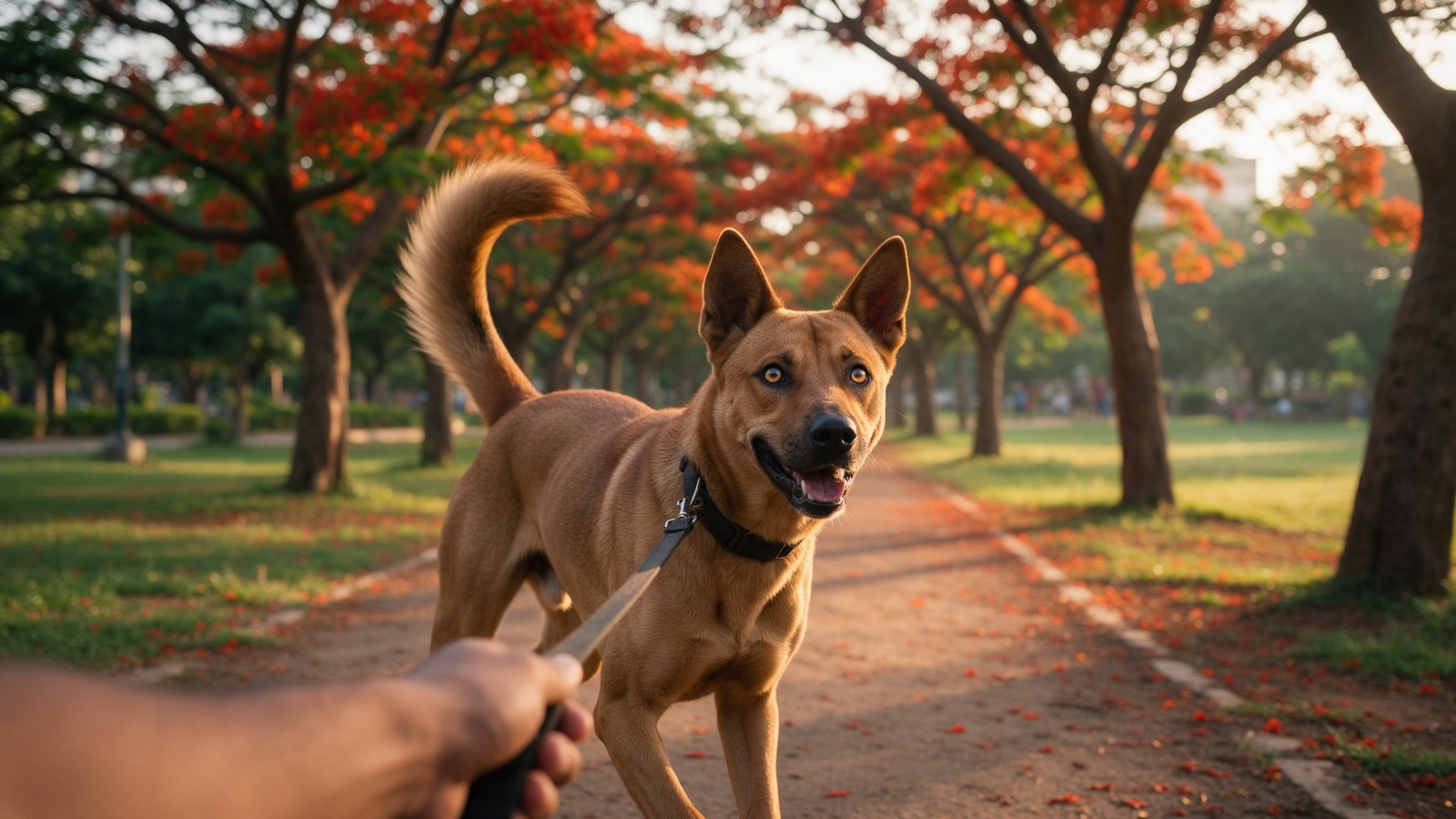 A muscular tan indie dog pulls ahead on a lead along a tree-lined Bangalore park path at golden hour.