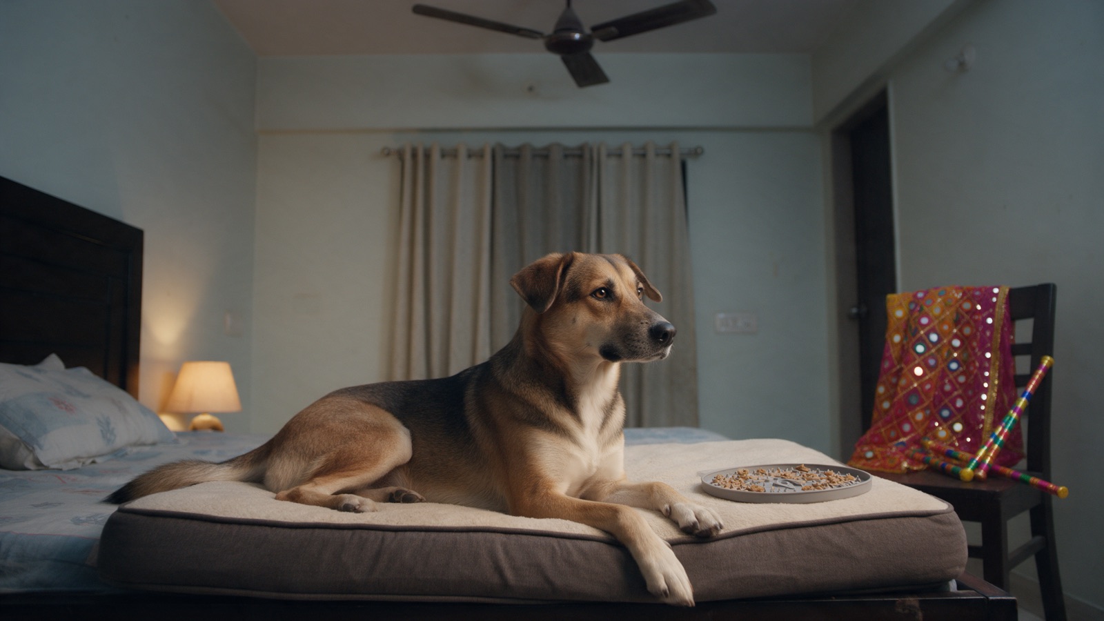 A calm dog rests on a bed in a quiet bedroom while dandiya sticks and a mirror-work dupatta sit on a chair in the background.