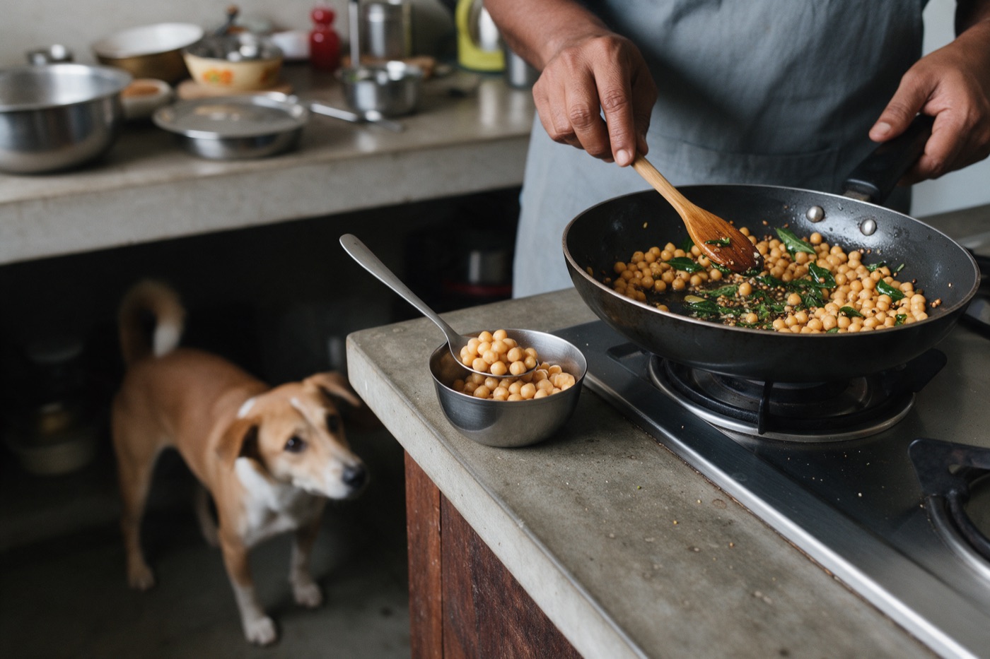 Set aside a spoonful of plain boiled chana before the tadka goes in.