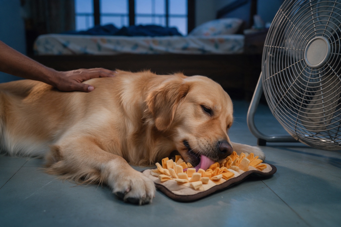 After guests, a quiet room with a fan, a familiar bed and a lick mat lets the nervous system come down.