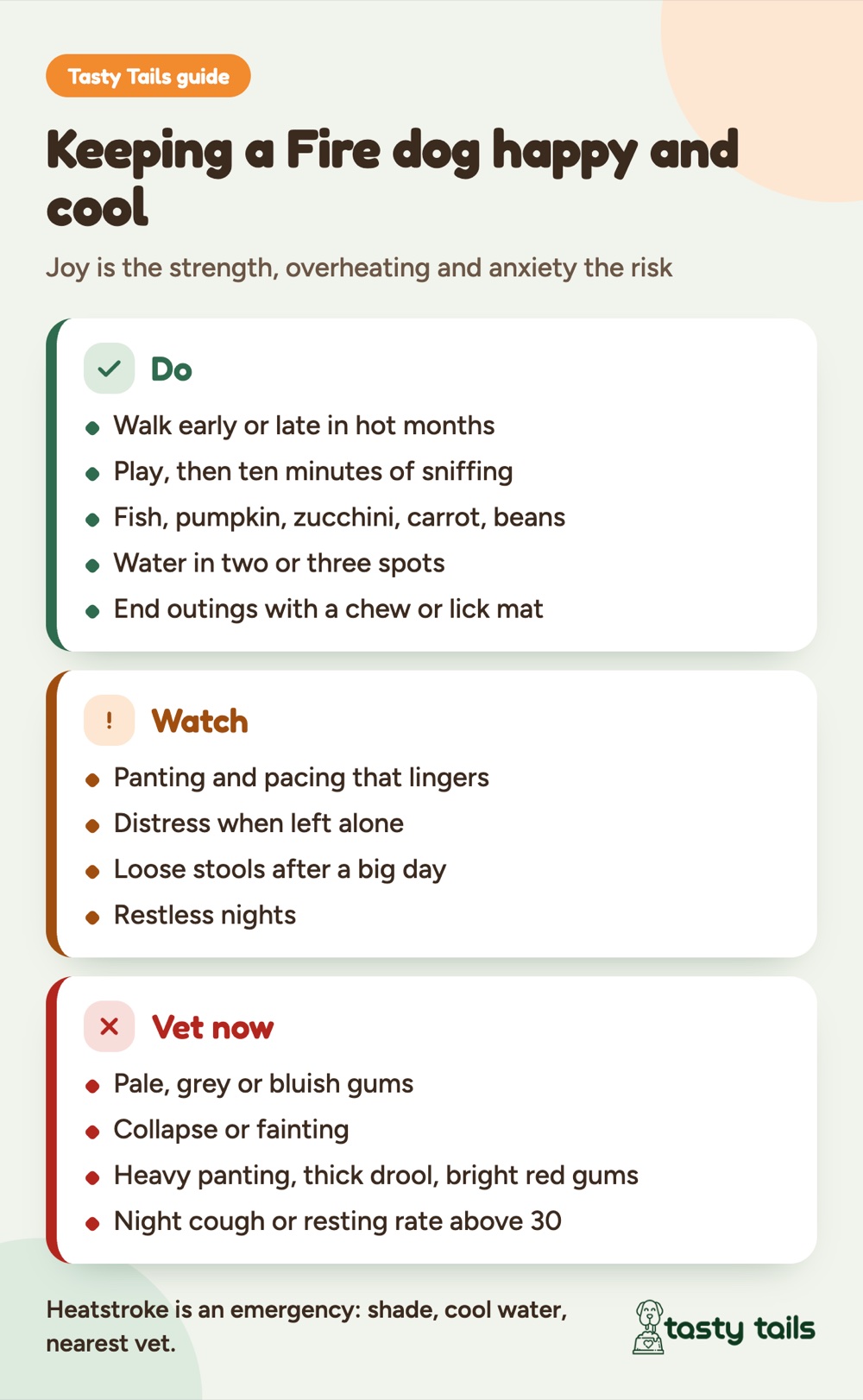 Fire dogs run warm: walk early or late, offer water, play then sniff. Watch for lingering panting and anxiety. Pale or bluish gums, collapse, heatstroke signs or a resting breath rate above 30 need a vet.