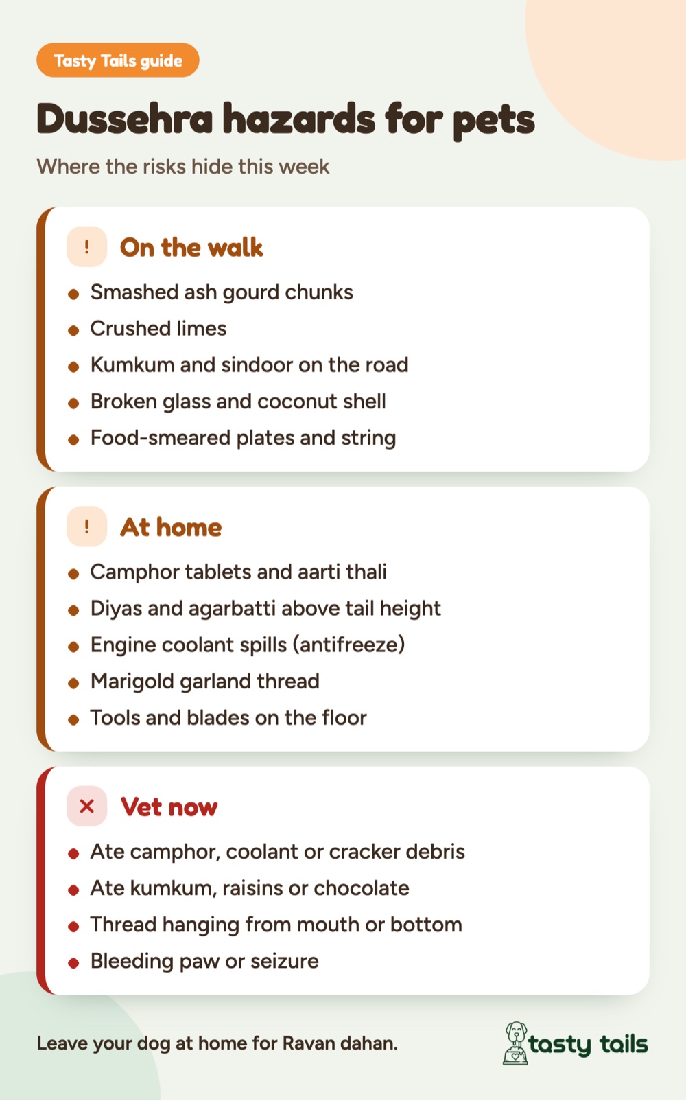 Short lead walks avoid ash gourd, limes, kumkum and broken shell. At home keep camphor, coolant and garland thread out of reach. Camphor, coolant, cracker debris, raisins or thread need a vet now.