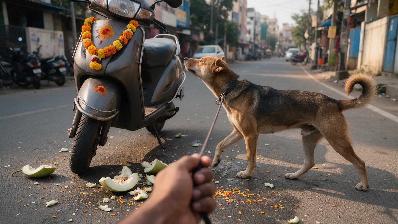 An indie dog on a short lead passes a marigold-garlanded scooter on a Bangalore street the morning after Ayudha Puja.