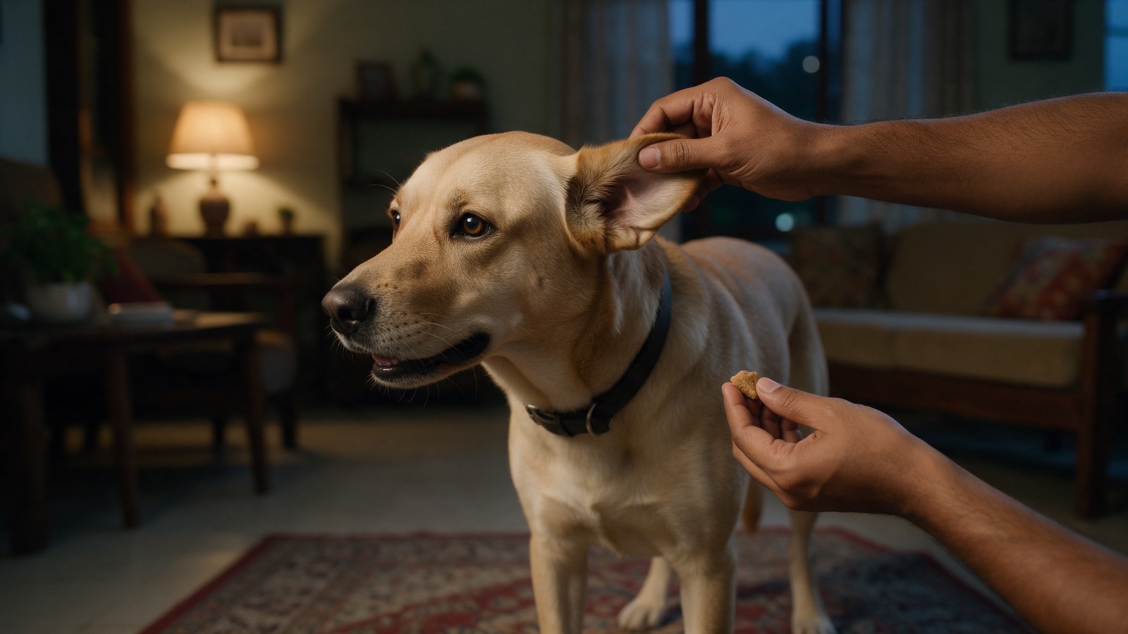 A relaxed Labrador mix stands calmly while a hand gently lifts its ear flap for a weekly home check.