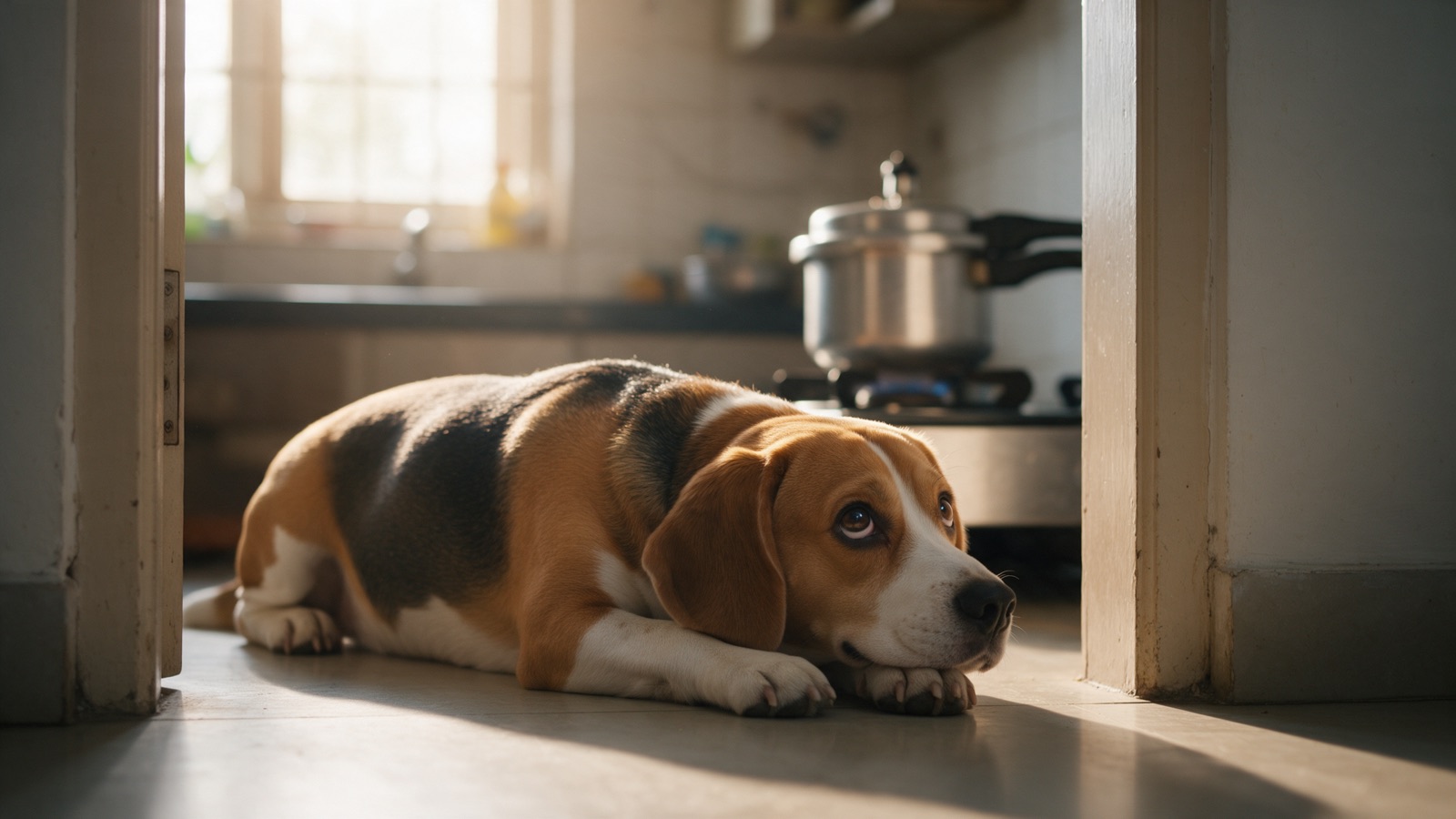 A content Beagle sits by the kitchen doorway watching a pressure cooker on the stove in morning sun.